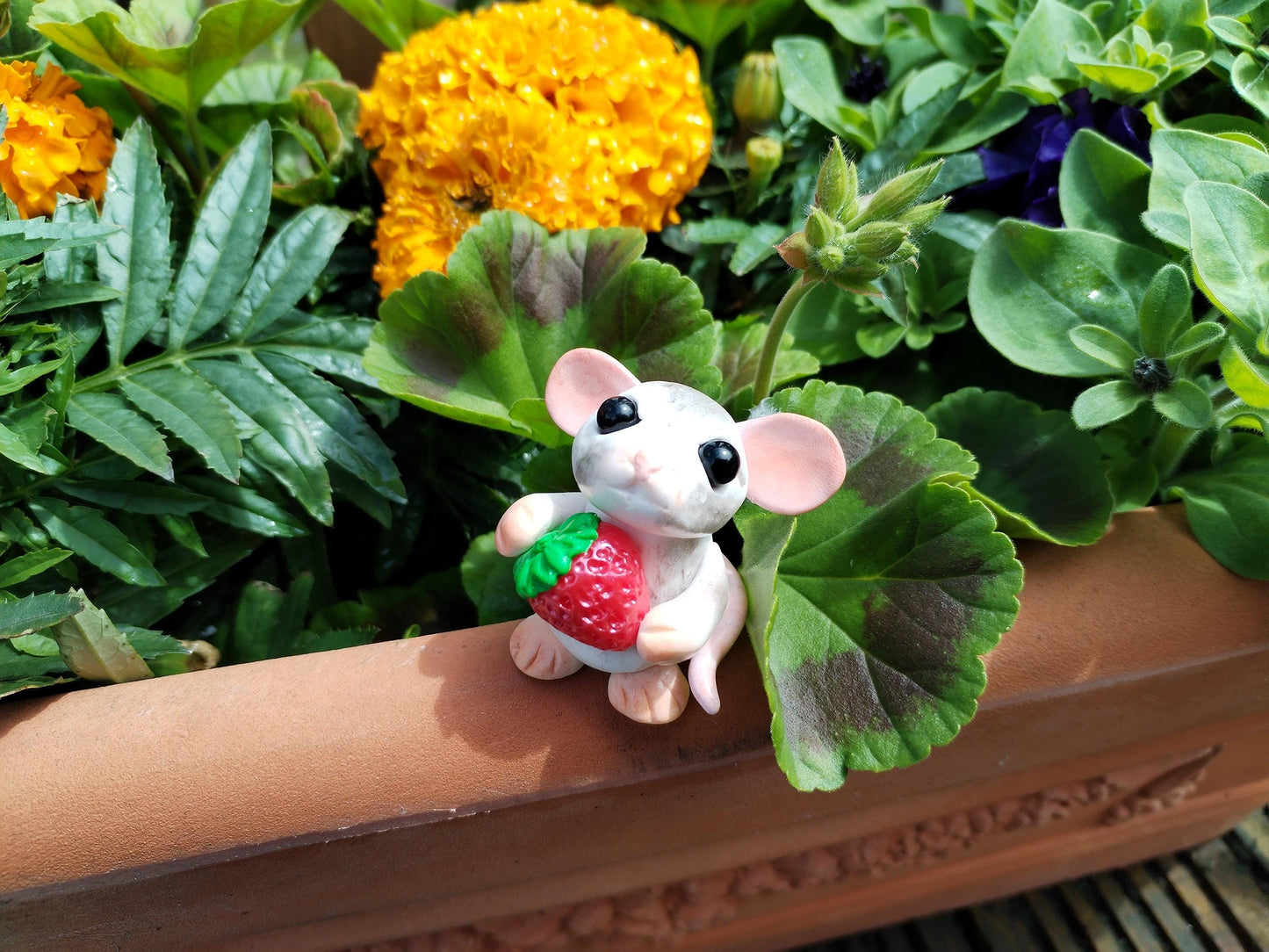 Strawberry Mouse Polymer Clay Sculpture