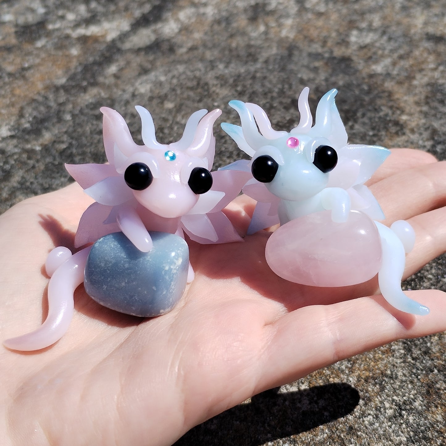 Rose Quartz and Angelite Crystal Dragon Pair