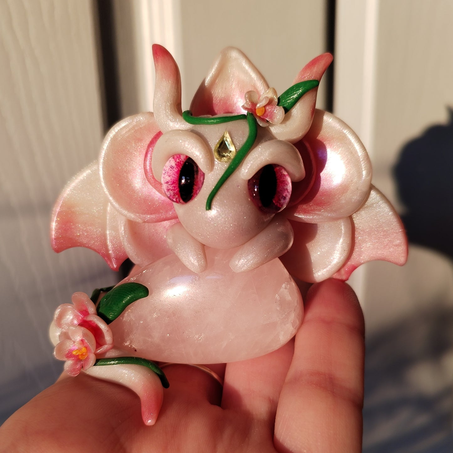Orchid Themed Rose Quartz Crystal Dragon