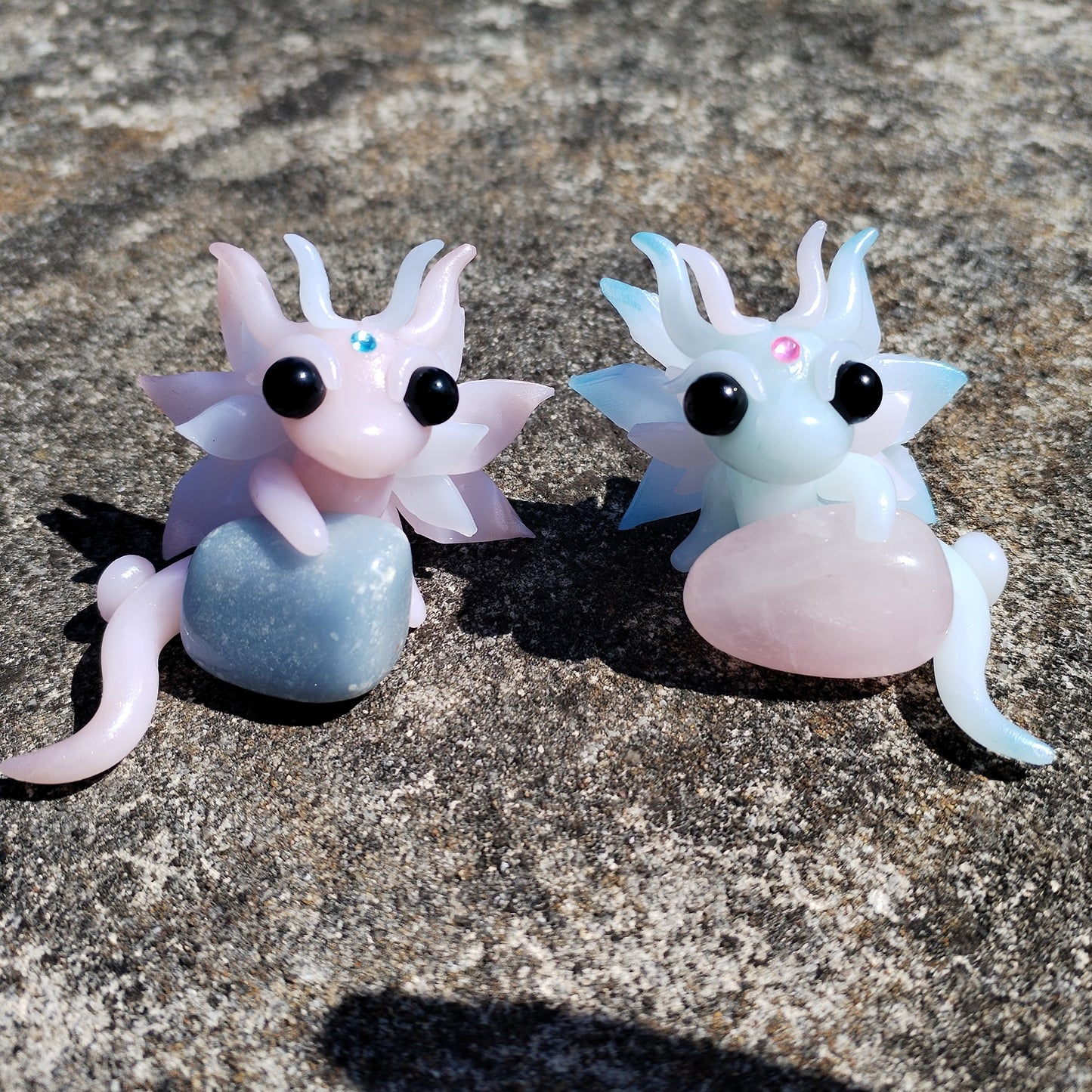 Rose Quartz and Angelite Crystal Dragon Pair