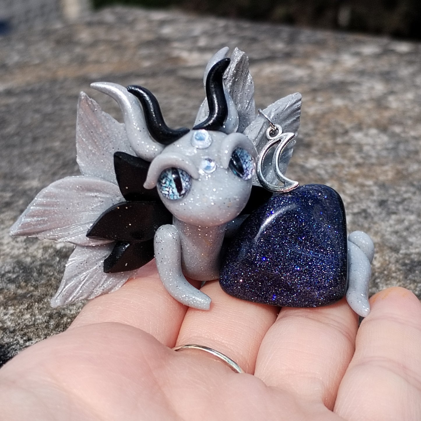 Moon Themed Blue Goldstone Crystal Dragon