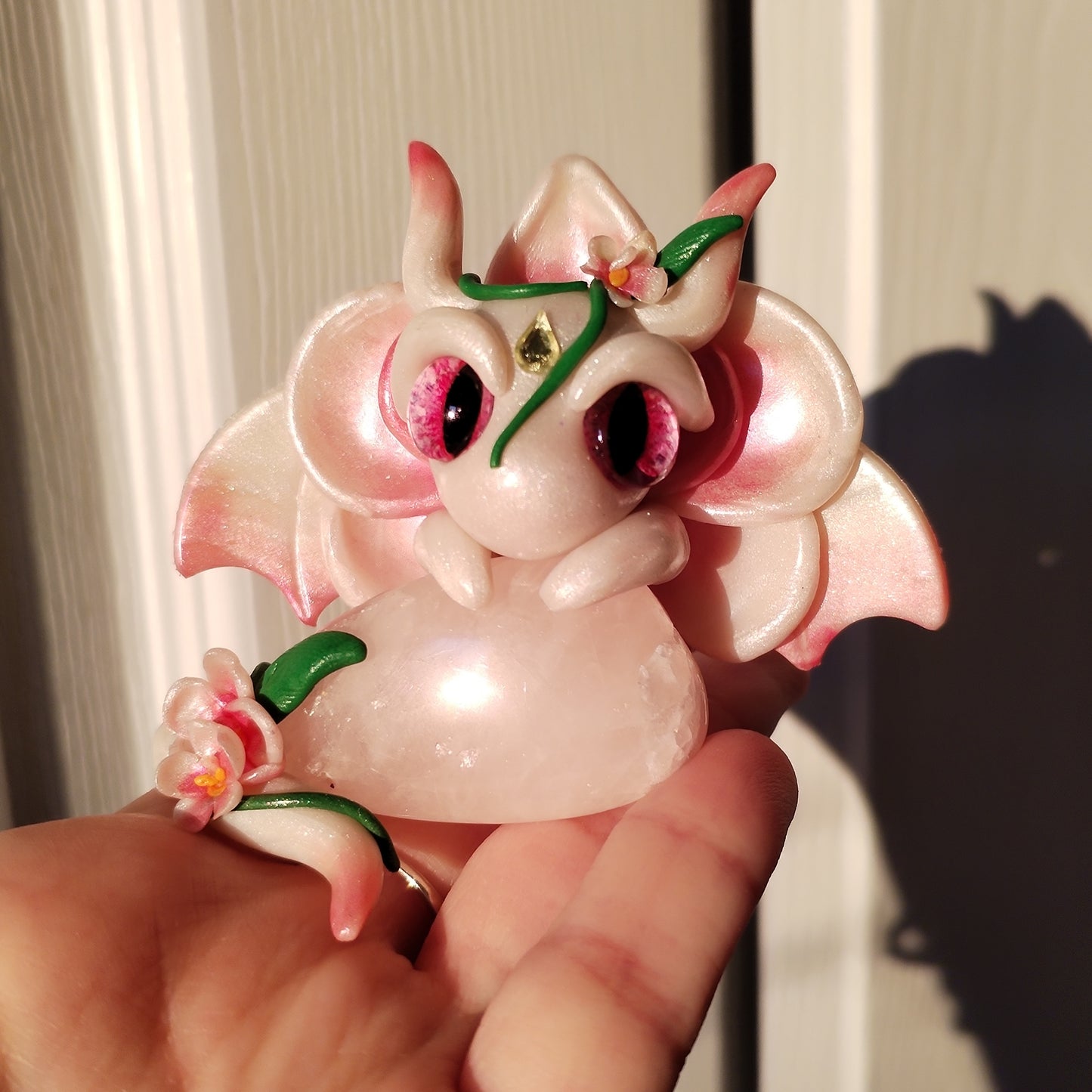 Orchid Themed Rose Quartz Crystal Dragon