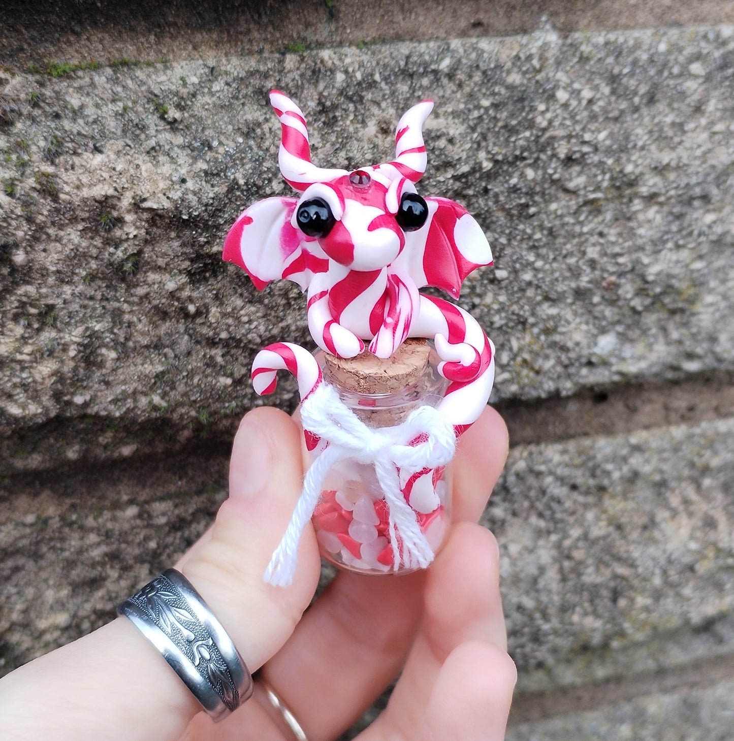 Red Howlite and White Jade Candy Cane Crystal Dragon
