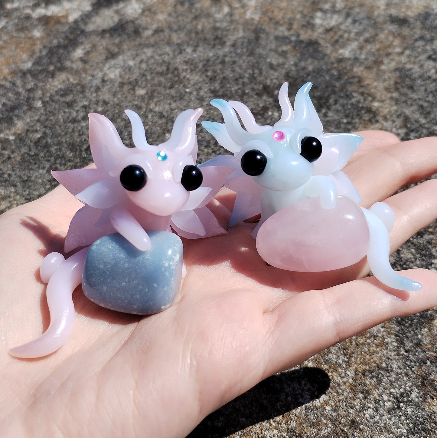 Rose Quartz and Angelite Crystal Dragon Pair