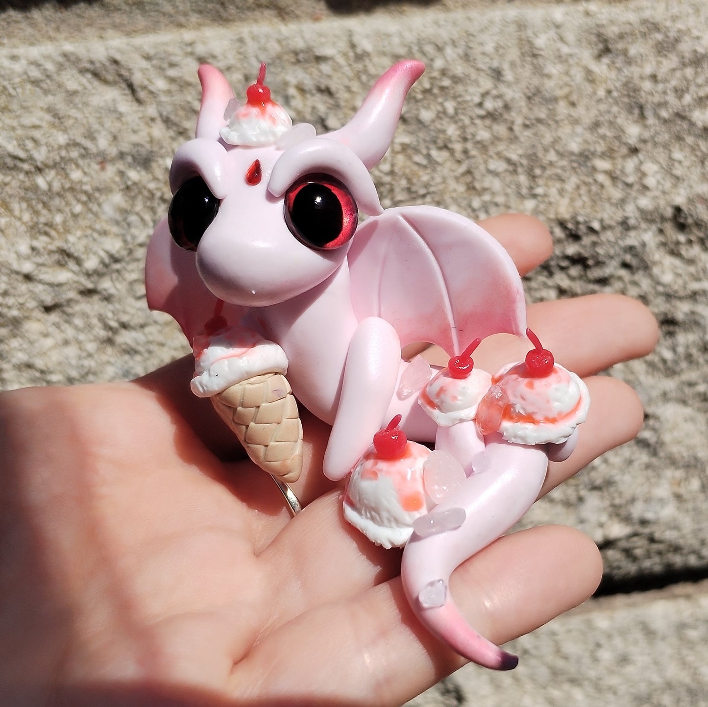 Cherry Ice Cream Themed Rose Quartz Crystal Dragon