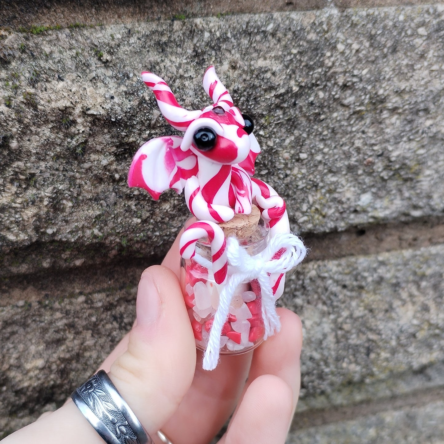 Red Howlite and White Jade Candy Cane Crystal Dragon