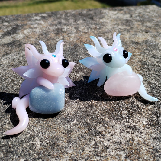 Rose Quartz and Angelite Crystal Dragon Pair