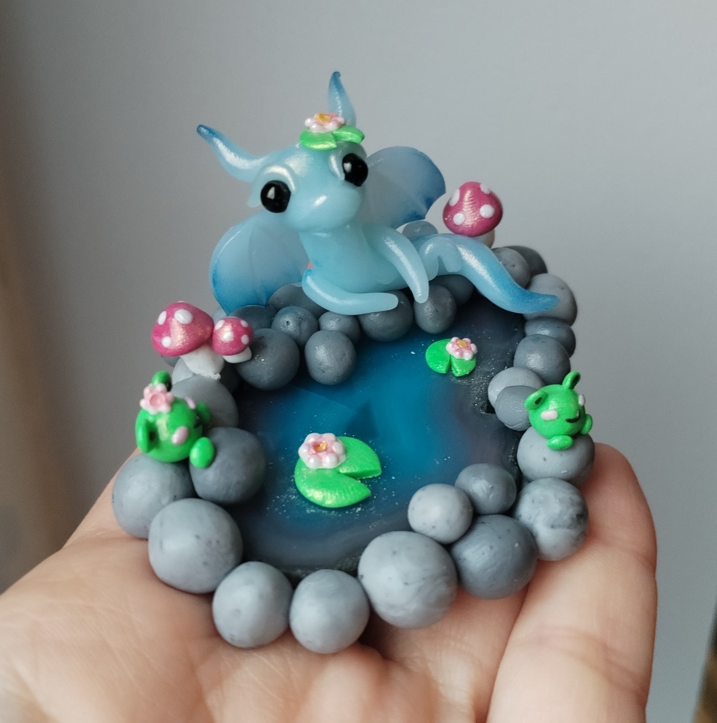 Blue Agate Crystal Dragon Pond Sculpture