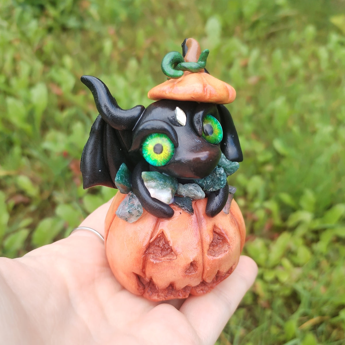 Pumpkin Moss Agate Crystal Dragon