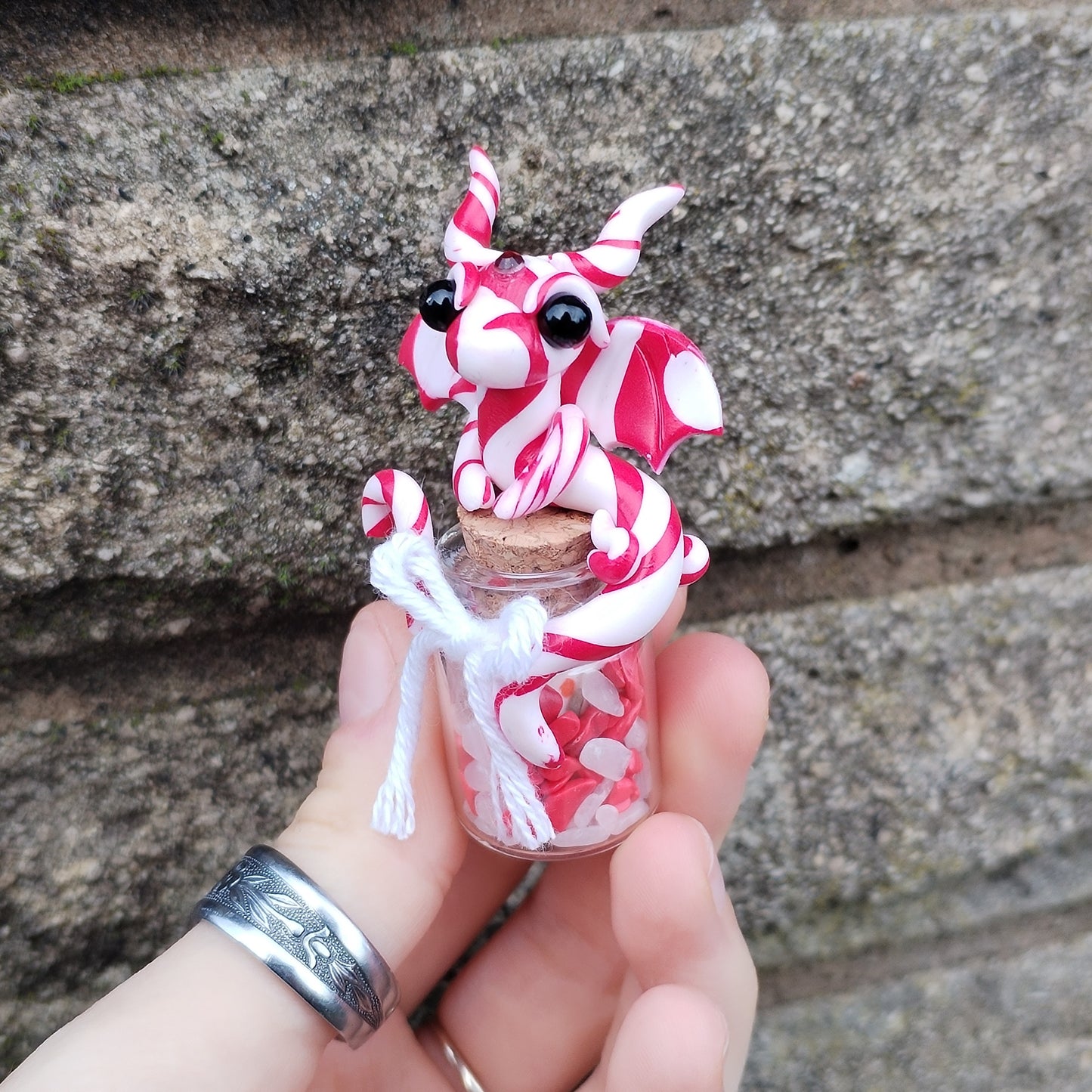 Red Howlite and White Jade Candy Cane Crystal Dragon