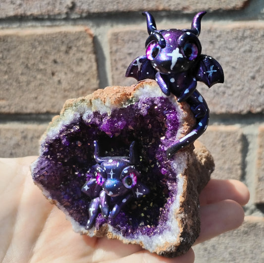Galaxy Themed Geode Crystal Dragon Pair